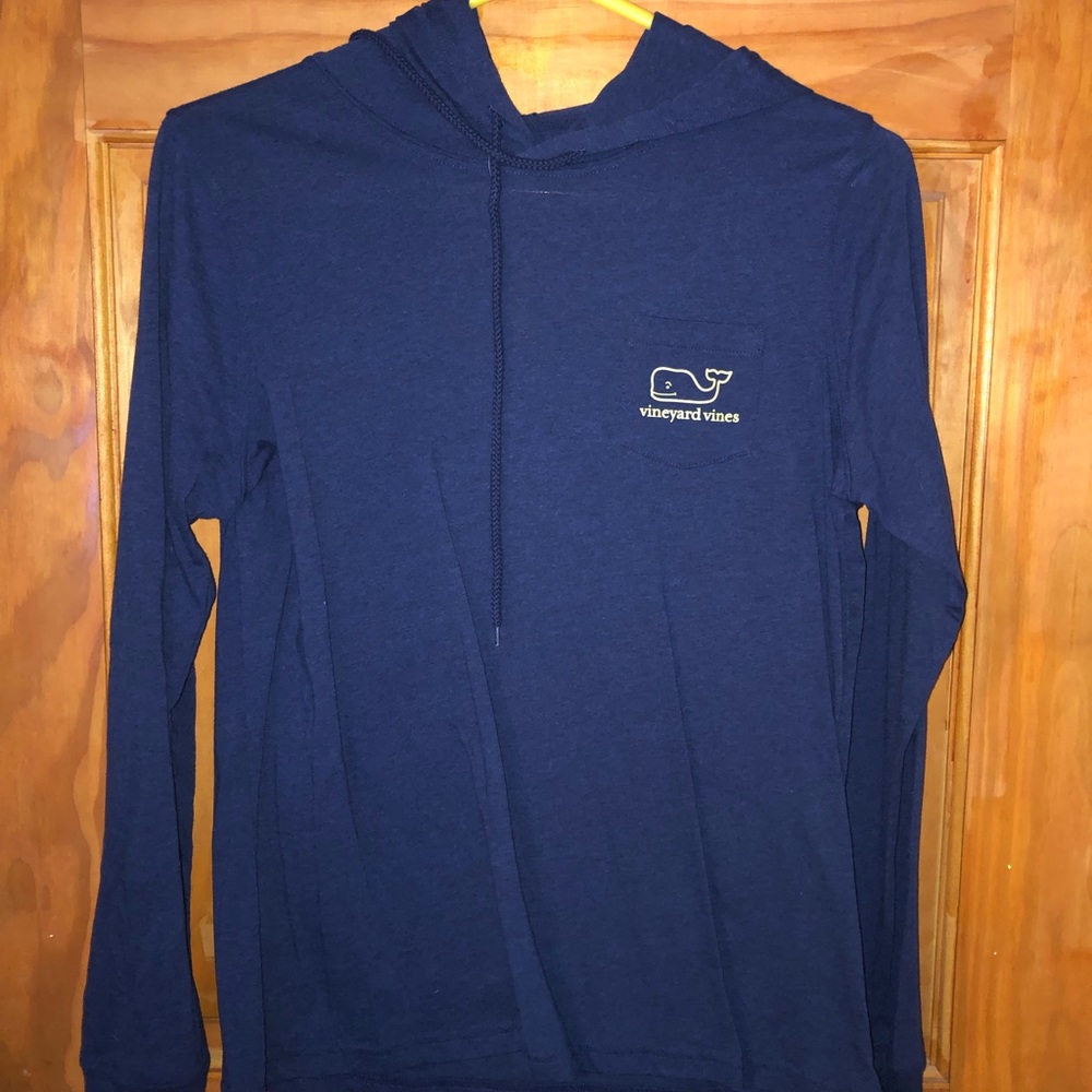 Long sleeve navy and lime green shirt with hood